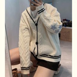 Women's Sweaters Stylish Warm Beige Holiday Cardigan For Ladies Autumn Day Star Embroidered V-neck Knit Sweater