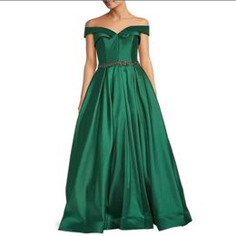 Elegant Off The Shoulder Satin Emerald Green Evening Dress A- Line Floor Length Women's Casual Dresses 2023 Backless Prom Dress