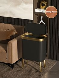 Waste Bins 15L Black Gold Luxury Garbage Bin Kitchen Creative High Foot Garbage Bin Bathroom Living Room High Capacity Rubber Bucket 230406