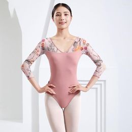 Stage Wear Women's Black Mesh Dance Leotard Three Quarter Sleeve Ballet Adult Practise Costume Gymnastics