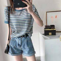 Women's T Shirts Ice Silk Knitted Shirt Women Loose Casual Tops Striped Korean Trending Hollow Out