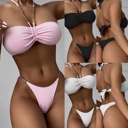 Women's Clothing Women's Swimwear Solid Colour strapless swimsuit with chain drawstring