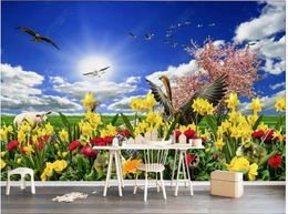 Wallpapers Custom Mural 3d Po Wallpaper Blue Sky And White Clouds Grassland Flowers Birds Modern Natural For Wall 3 D