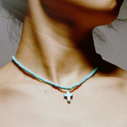 Choker Boho Ethnic Small Natural Stone Beads Cute Cross Necklaces Short Chocker Neckless For Women Summer Jewelery Collier Femme Chokers