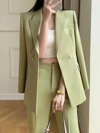Women's Two Piece Pants Suit For Women Office Wear 2023 Korean Light Green Long Sleeve Double Breasted Blazers Coat High Waisted Pant Suits
