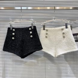 Women's Shorts 2023 Winter White Woollen Women Rhinestone Buckle Bright Silk Tweed Short Lady All-Matching Black