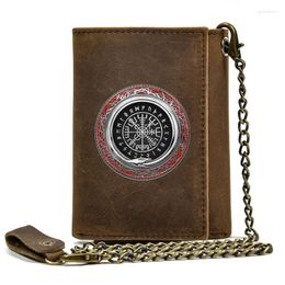 Wallets High Quality Men Genuine Leather Wallet Anti Theft Hasp With Iron Chain Arrivals Viking Symbol Cover Card Holder Short Purse