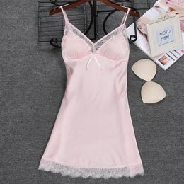 Women's Sleepwear Suspender Nightgown Satin Women With Bow Summer Chemise Nightdress V-Neck Sleep Dress Kimono Robe Gown Thin208x