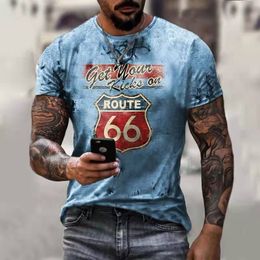 Mens TShirts Summer Men Tshirt Fashion 3D Printed America Route 66 Short Sleeve Casual Vintage Handsome Oversized Design Tops 230404