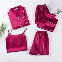 Women's Sleepwear Sexy Solid Straps Pyjamas Home Suit Flamingo Print Fashion Slim Four Piece Set For All Seasons Sleep Shorts