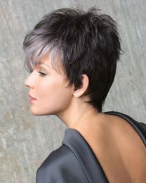 Short Grey human hair wigs salt and pepper silver grey wig with long fringe bangs spiky top for an edgy 4x4 hd lace closure glueless pixie bob hairstyle