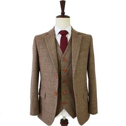 Men's Suits Blazers Men's retro wool brown herringbone lace wedding dress customized men's 3-piece jacket 230406