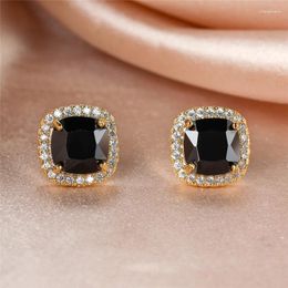 Stud Earrings Cute Black Stone Square For Women Men Silver Gold Colour Zircon Vintage Wedding Ear Studs Party Jewellery