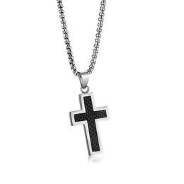 Pendant Necklaces Classic Cross Carbon Fiber Men's Necklace Stainless Steel Charm Chain Link 24Inch Religious Accessories275J