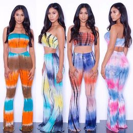 Women's Jumpsuits Tie-dyed Flares Pant Print Strapless Bodysuits 2 Pieces Sexy Women Rompers Jumpsuit Summer Outfits With Bra Padding1