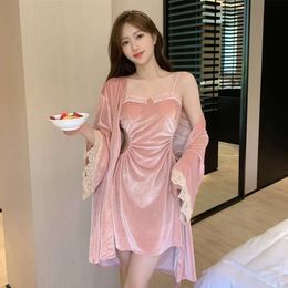 Vintage Golden Veet Nightgowns Sexy Pamas Lace Slip Nightdress Loungewear Women Sleepwear Nighty for Ladies Sleeping Dress