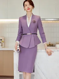 Two Piece Dress YIBAKA 2023 Elegant Women Formal Skirt Suit Ladies Black Purple Pink Long Sleeve V-Neck Female Blazer Set Y2K