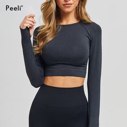 Yoga Outfits Peeli Long Sleeve Gym Crop Top Sports Women Seamless TShirts Fitness Sport Active Wear Workout Athletic Shirt 230406