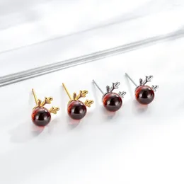 Stud Earrings Simple Design Pomegranate Red Zircon Antler Fashion Women's Gold Plated Anti Allergy Charm Lady Christmas Gift