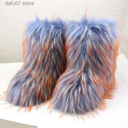 Boots 2023 Winter Boots Fluffy Fur Snow Boots High Quality Furry Faux Fox Fur Mid-calf Boots Ladies Sexy Warm Cotton Boots Ski Boots T231106