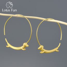 Hoop Huggie Lotus Fun 18K Gold Female Flying Dachshund Dog Big Round Hoop Earrings Trend Real 925 Sterling Silver Women Jewelry 230404