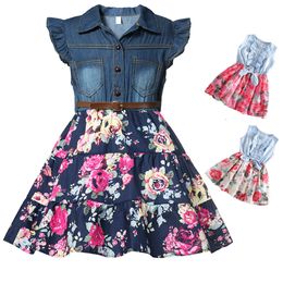 Girls Dresses Denim Floral Summer Party with Belt Children Flying Short Sleeve Casual Clothing Baby Girl Kids Fashion Outfit 230406