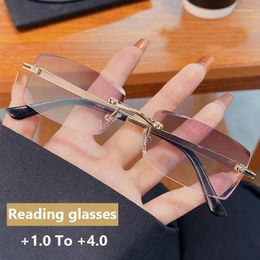 Sunglasses Frameless Reading Glasses Men Classic Square Titanium Alloy Business Far Sight Eyewear Anti Blue Light Presbyopia Eyeglasses