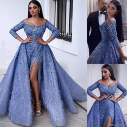 Party Dresses High Split Formal Evening Gowns Overskirt 3/4Sleeve Scoop Neck Prom Ball 2023 Luxury Major Beading Celebrity Dress