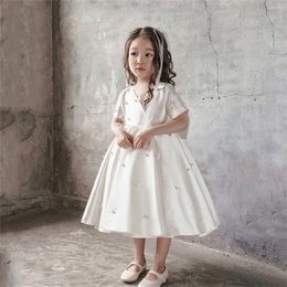 Girl Dresses Flower Dress White Satin Short Sleeve Beaded Bow Belt Wedding Elegant Little Child First Eucharist Ball Gift