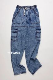 Women's Jeans Woman Fashion Blue Denim Casual Pants Elastic Waist Drawstring Tied Sides Pockets 2023 Top Quality