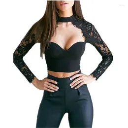 Women's Tanks Women Autumn Elegant Black Lace Crochet Crop Top Girls Hollow Sleeve T-shirt Sexy Out Shirt See Through Tops