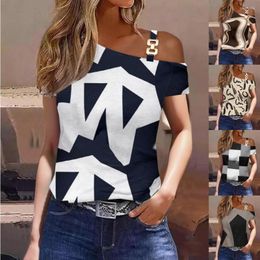 Women's Polos 2023 Summer Women's Shirt Fashion Simple Short Sleeve Metal Button Geometric Print Top Casual T-Shirt Versatile Commuter