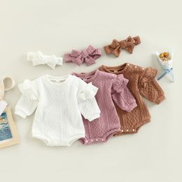 Rompers 024M Infant Baby Girls Boys Romper Solid Colour Knitted Round Neck Long Fly Sleeve Jumpsuits with Headband 230406