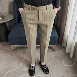 Men's Suits Men's Dress Pants Ankle-Length Inelastic Slim Fit Stripe Black Khaki Light Grey 2023 Size 31-36