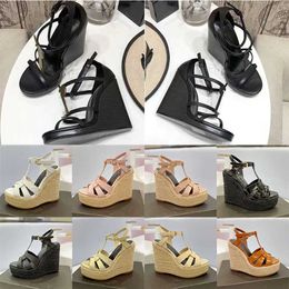 Designers Womens Cassandra Sandals Women Wedge Espadrilles Black Patent Leathers 10.5 CM High Heels Adjustable Buckle Ladies Wedding Dress Shoes With Box Bag NO325