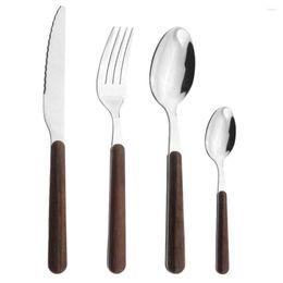 Dinnerware Sets Silver Mirror Set Wood Handle Stainless Steel Cutlery 4 Pcs Tableware Dinner Knife Fork Teaspoons Flatware