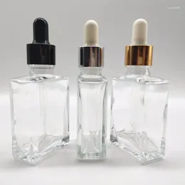 Storage Bottles 30ml Square Clear Glass Bottle With Aluminium Dropper Lid Essential Oil Container Cosmetic Vial