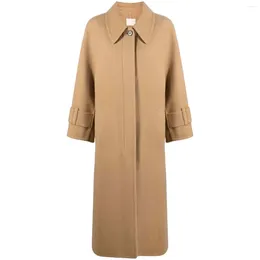 Women's Trench Coats Beige Straight Woollen Coat Loose Sleeve Turn-Down Collar Fashion 10244