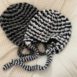 Berets Cute Headband Ear Cap Black And White Striped Knitted Sweater Hat Hipster Student Couple Strap Lei Feng Girl
