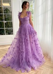 3D Butterfly Tulle Prom Dresses for Women Lace Applique Princess Prom Dress Long Ball Gown with Slit