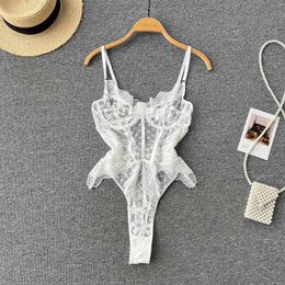 Nxy Lace Sexy Camis Bodysuits Summer Underwear Transparent Short Playsuits Hollow Out Women Straps Sheath Fashion Rompers 230328