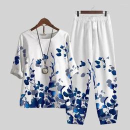 Women's Two Piece Pants Stylish 3D Cutting Retro Casual Multicolor Floral Print Vintage Outfit Elastic Waistband Soft Top Set Daily Clothing