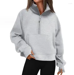 Women's Hoodies Women Sweatshirts Autumn Fashion Zip Pocket Design Solid Colour Stand Neck Casual Long Sleeved Loose Daily Crop Pullover