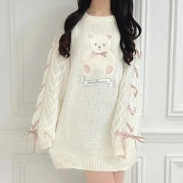 Women's Sweaters Japanese Sytle Kawaii Lolita Knitted Pullover Women Cute Cartoon Bear Embroidery Bow Bandage Sweater Female Sweet Chic