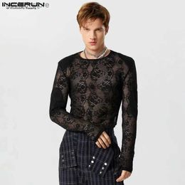 Men's Casual Shirts Stylish Clubwear Style Tops Men's Lace Shoulder Pad Design T-shirts Sexy Male Half Thimble Long Sleeved Thin Tees S-5XL Q231106