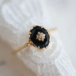 Solitaire Ring LAMOON Natural Black Agate Ring For Women Gemstone Ring 925 Sterling Silver Gold Vermeil Fine Jewellery Vintage Elegant Bijou 230404