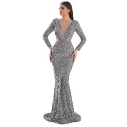 Evening Glitter Mermaid Dresses Beading Sequins Long Sleeve Prom Gowns Deep V Neck Party Second Reception Dress