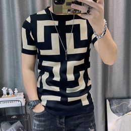 Men's T-Shirts 3 Colour Short Sleeve Knitting T-Shirt Men Slim Streetwear Colour Contrast T Shirt Men Tee Shirt Homme Social Club Outfits Tshirt 230406