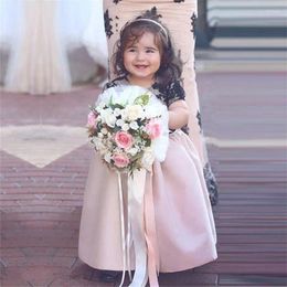 Girl Dresses Lovely Lace Satin Baby Kids Flower Girls Ankle Length First Communion Short Sleeve Backless For Big Bow Prom Princess