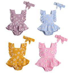 Rompers 024M born Baby Girls Ruffle daisy r Romper Backcross Jumpsuit Headband Outfits Sunsuit Clothing 230406